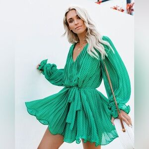 VICI Endless Rose Viera Polka Dot Pleated Romper Long Sleeves Green Size S NWT
